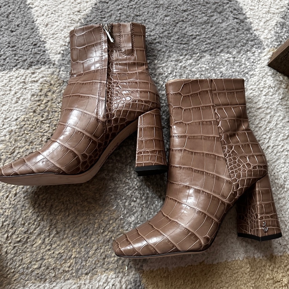 Brown Crocodile-Embossed Ankle Boots